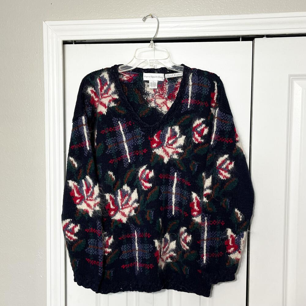 Vintage Shaggy Mohair Hand Knit Paris Sweater 80s Floral Rose Grunge Kurt Cobain